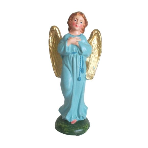 Vintage Nativity Hand-Painted Angel Figurine With Gold Wings & Blue Robe 5" Tall - Picture 1 of 5